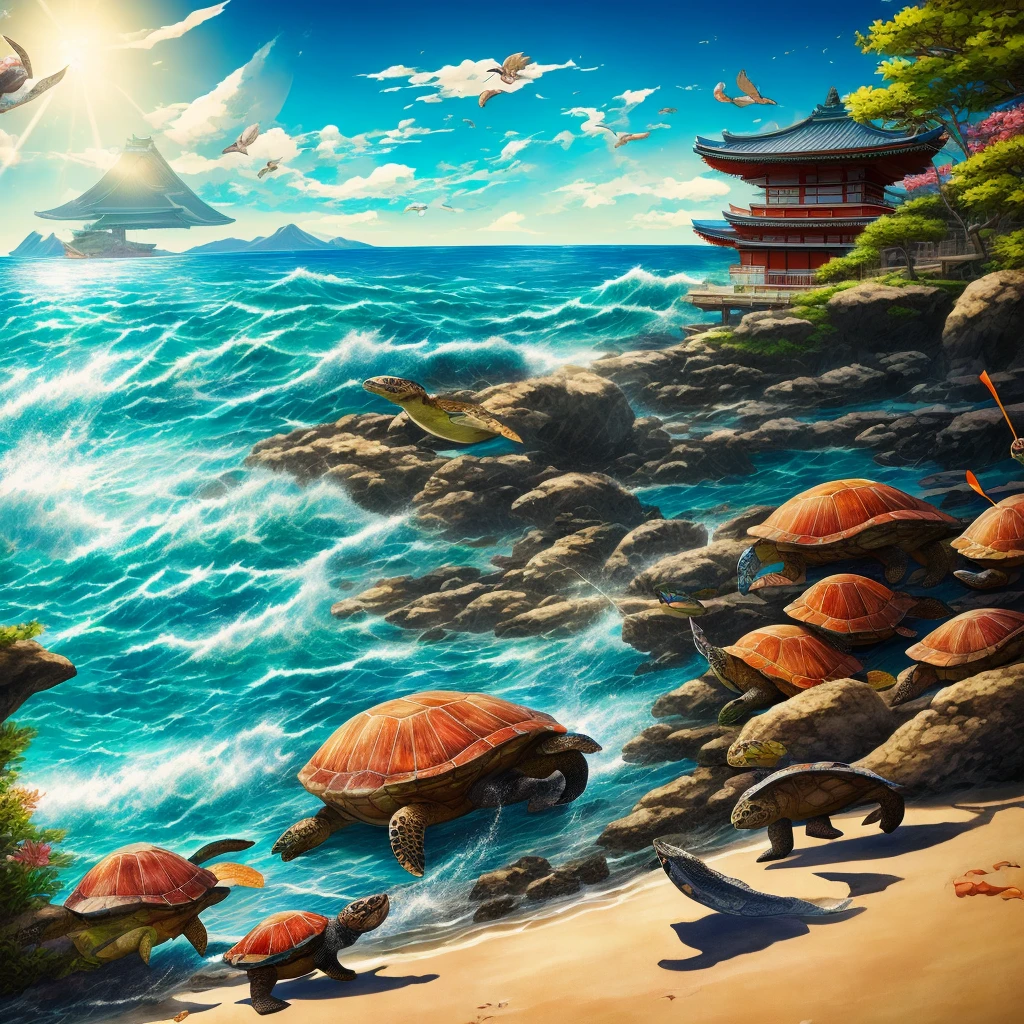 Long shot, (Japanese folk tale), (The world of Urashima Taro), Turtle attacking children, Beach, Turtle smaller than the children, Spectacular background, Anime style, 32K UHD, Strong realism, Deep shadows, Stylish and detailed HD