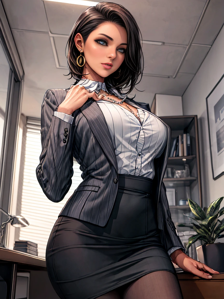 High quality ultra-realistic female images, Office room woman, White Wall, Gray table, plant, window, A masterpiece of sexy poses))), ((best quality)), ((complicated)), ((Surrealism)), Stupid reply, Mature woman, Mature woman, view, Very detailed, shape, 1 girl, ((Large Breasts)), Perfect hands, Finger details, beautiful eyes, short hair, Brown eyes, Chief Executive Officer（Chief Executive Officer（CEO, (Business suit:1.2), Open Office Shirt, tight skirt, Black necklace, earrings, stocking, Detailed background, bedroom, Perfect eyes, Charming eyes, Looking at the audience, From below