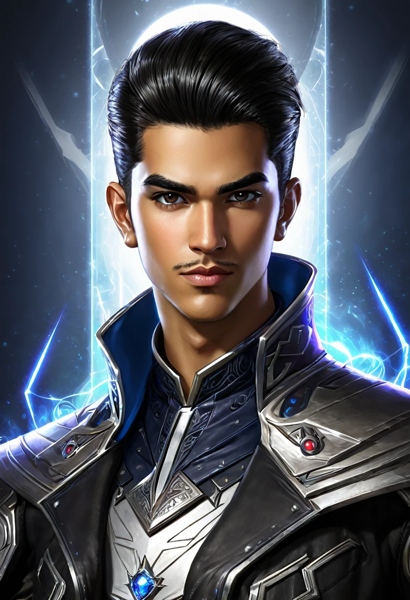 A young techno-mage, Usrican, incoming, Gunz N Butterberg character portrait --w 1920 --h 1020