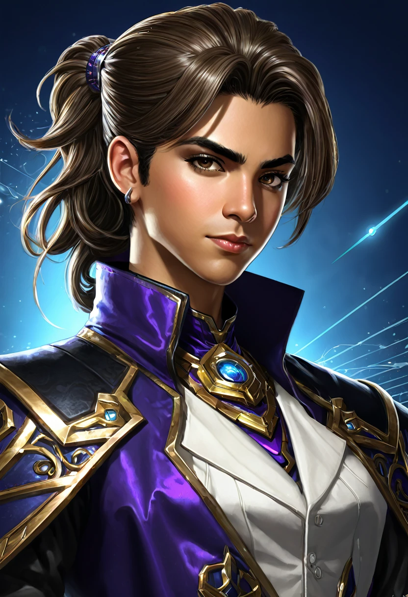 A young techno-mage, Usrican, incoming, Gunz N Butterberg character portrait --w 1920 --h 1020