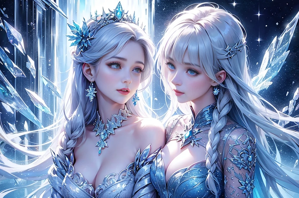 wood, Exquisite mini ice spikes and crystals, Frozen waterfall in the background, Light reflected by ice crystals, Flowing snowflakes.1 girl, Beautiful woman、pretty girl,A realistic person,Beautiful cleavage