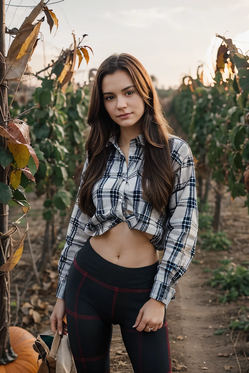 Generate a realistic, human-captured image of a person wearing a flannel shirt and leggings in a pumpkin patch.