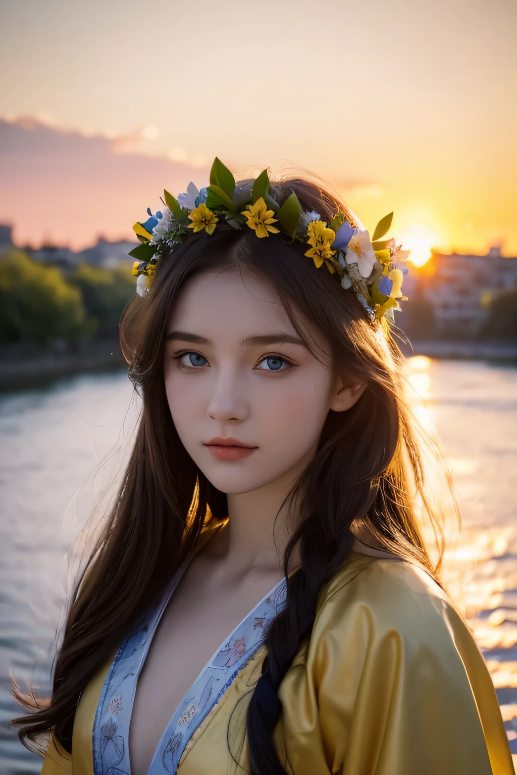 20-year-old woman in Ukrainian clothing，Wearing a flower crown on his head，blue eyes，Background with river and blue sky，Light afternoon sunset，Realistic illustrations
