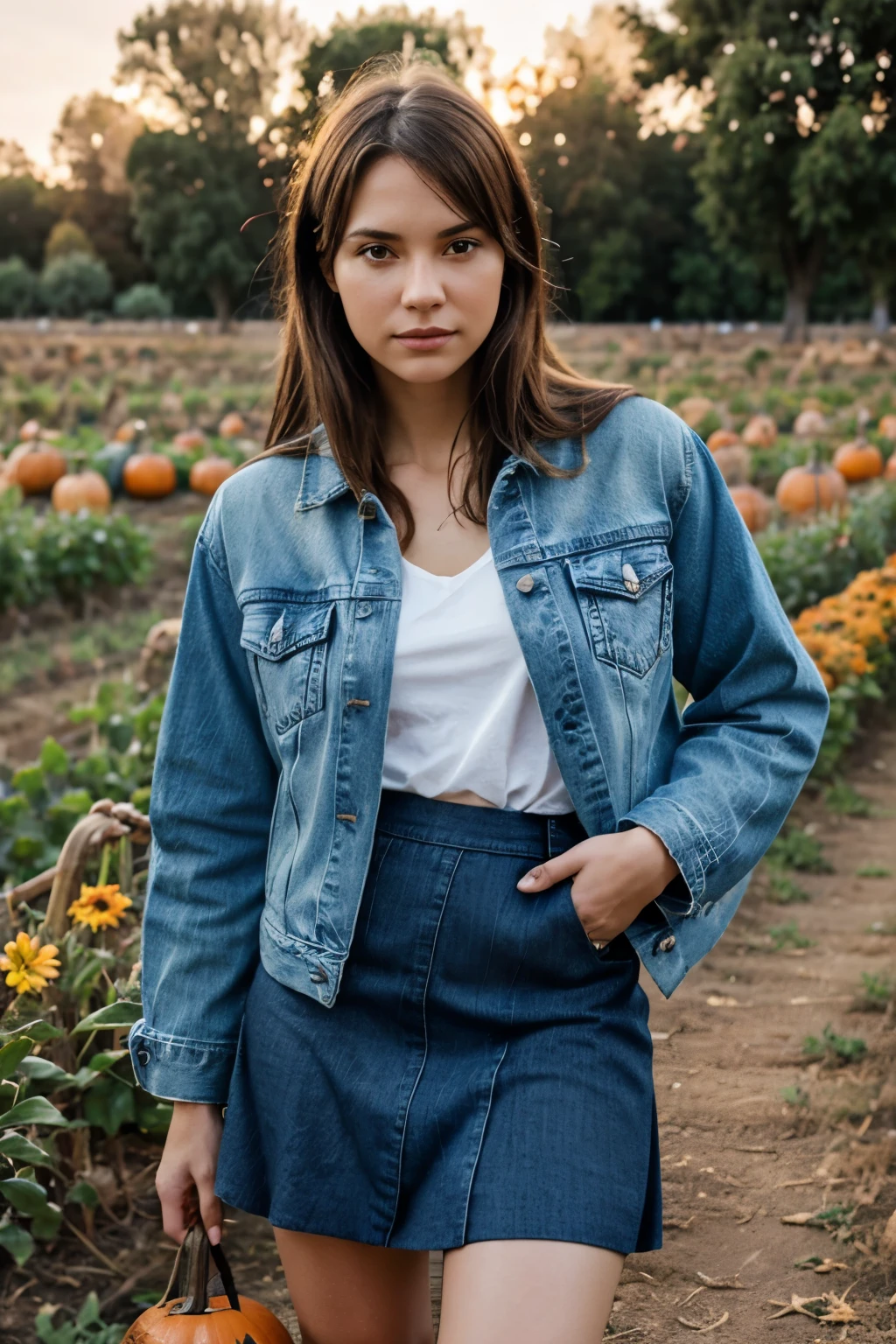 Generate a realistic, human-captured image of a person wearing a denim jacket and skirt in a pumpkin patch.
