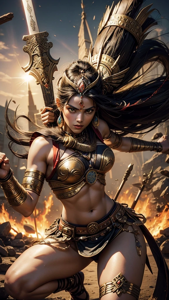 aztec goddess of war, very beautiful In Battle pose holding her macuahuitl (Mexican weapon)