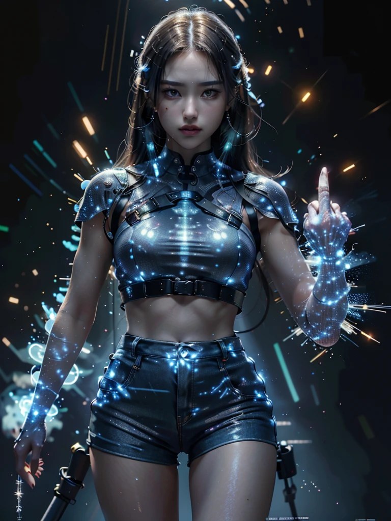 Ultra-Realistic Capture,18k,RAW Photos,Highest quality,masterpiece,reality,Very detailed,Very beautiful woman,Detailed face,Glowing Skin,rainbow,Automata,cyber punk,18-year-old ,Model body type,slim,Large number of LEDs,Clothes made of light particles,Rainbow Skin,Implanted electronic devices,Very detailedな電子機器,Many connecting lines,Very long hair,Large Breasts,Acrobatic poses,((Middle finger:1.5)),Black background,neon,Looking down,Angry expression,