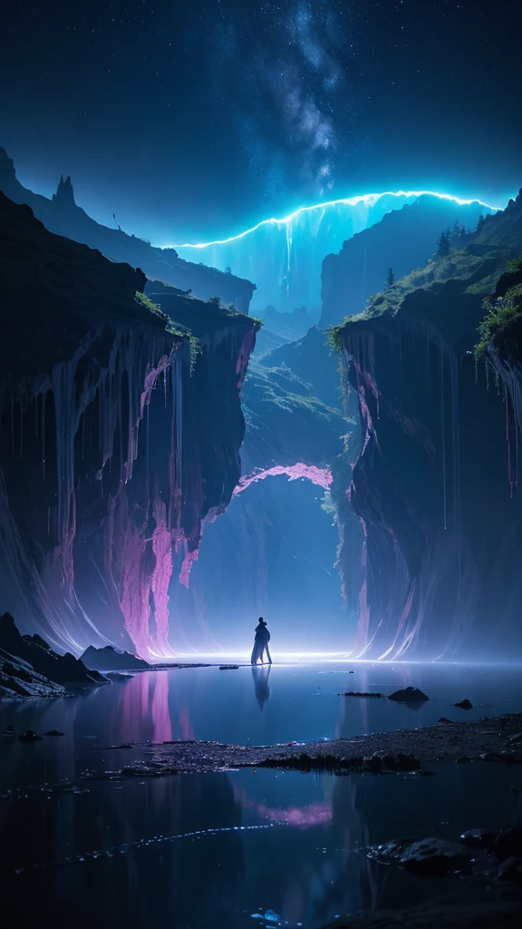 Photographs that capture the essence of a magical dream world. An epic abyss,Hanging over a beautiful lake, Surreal and vivid colors illuminate its reflection. The atmosphere is otherworldly, The soft night light casts a flowing shadow. The image creates a sense of depth and mystery, It's as if the audience is taken into another dimension., Create beautiful and memorable work. Shot with Canon EosIII Zeiss 120mm wide angle lens