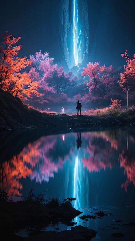 Photographs that capture the essence of a magical dream world. An epic abyss,Hanging over a beautiful lake, Surreal and vivid colors illuminate its reflection. The atmosphere is otherworldly, The soft night light casts a flowing shadow. The image creates a sense of depth and mystery, It's as if the audience is taken into another dimension., Create beautiful and memorable work. Shot with Canon EosIII Zeiss 120mm wide angle lens