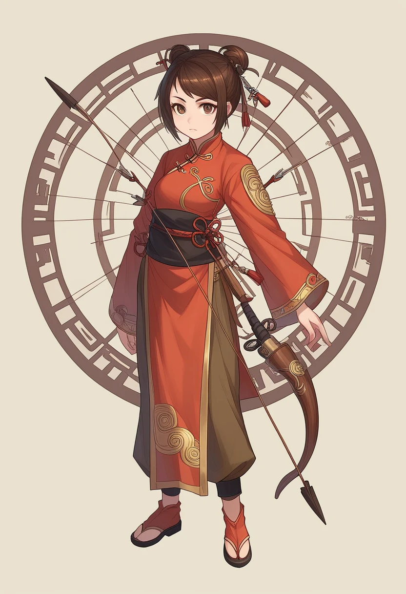 a close-up of an Arab woman in her 30s, with brown eyes and brown hair, wearing black and brown Arabic clothes, a brown-eyed heroine, holding a bow and arrow, female archer with bow and arrow, standing in an arabic temple, New fantasy concept design, in the style of blade and soul, full body character concept, detailed character design, inspired by Yang Jin, inspired by Li Mei-shu, Chinese Costume, inspired by Lan Ying, inspired by Sim Sa-jeong, inspired by Li Tang, lunar themed costume, Costume with golden details, inspired by Ju Lian, colorful concept art, highly detailed character design, high-detailed face, inspired by Ai Xuan, very high-detailed face, Unreal engine rendering, final fantasy style 14, inspired by Leng Mei