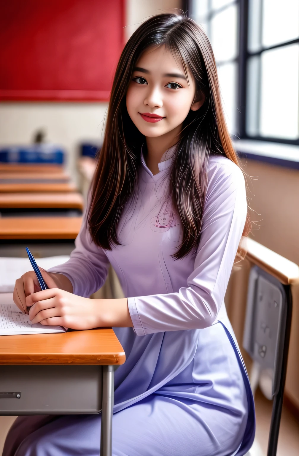 Raw photo , 1 girl  ,Wearing white traditional uniform  ((teen school girl studying in the classroom)) , professional photographer, (hdr:1.4), masterpiece, ultra-realistic 8k, perfect artwork, intrincate details, cute face, award winning photograph, (Best quality, 8k, 32k, Masterpiece, UHD:1.3) ,