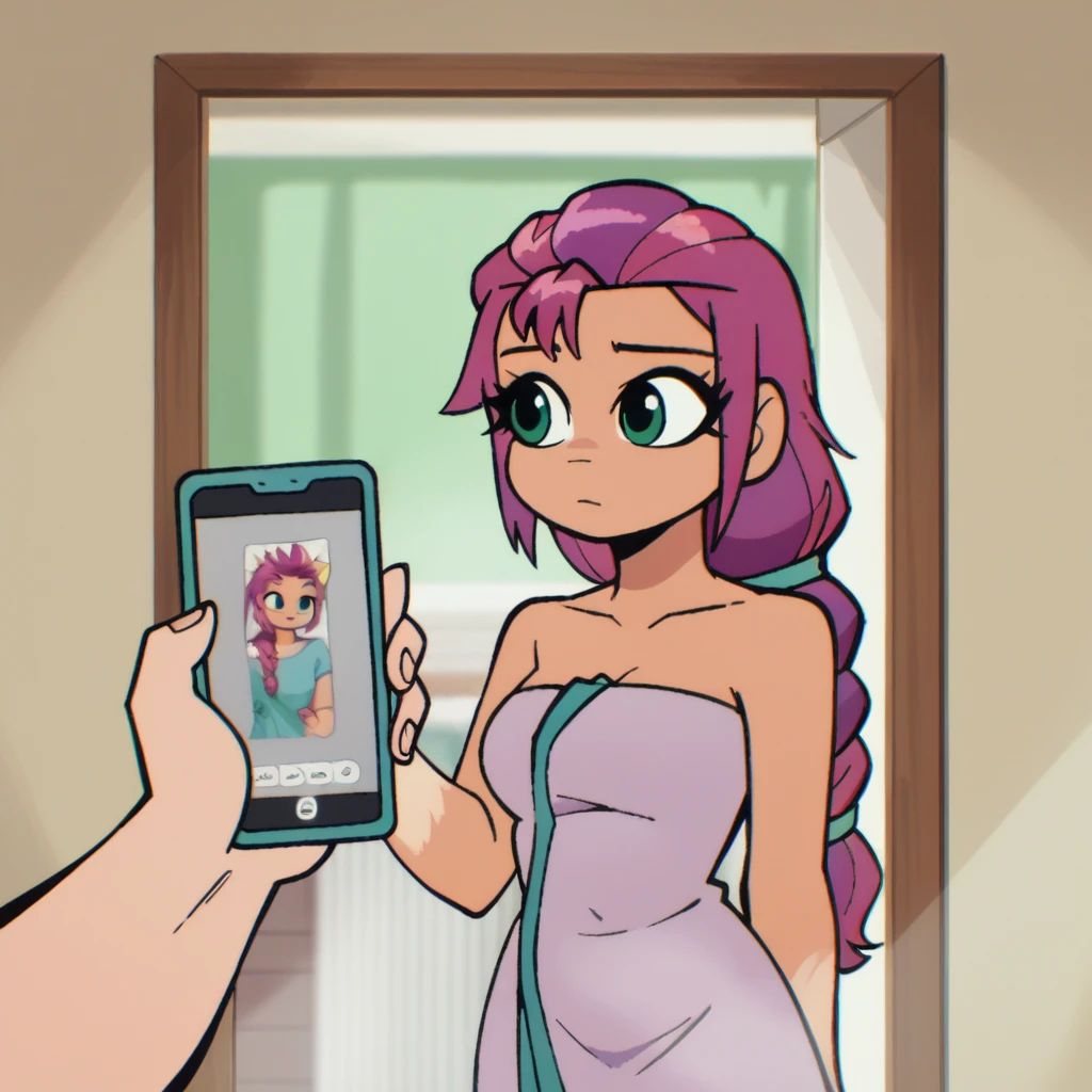 score_9_presence, score_8_up, Sunny Starscout, mlp, G5, wrapped in towel, medium breasts, holding phone