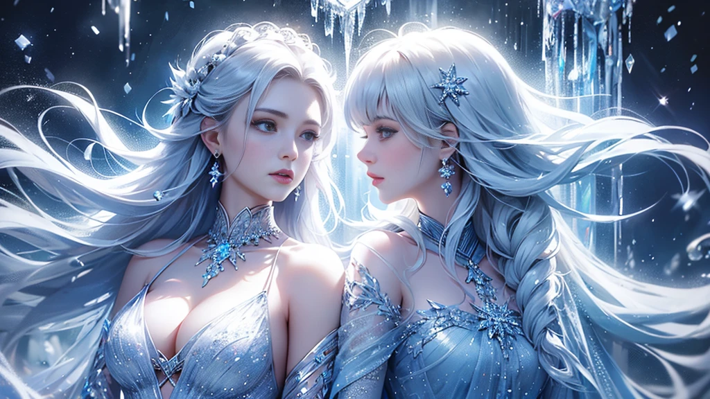 wood, Exquisite mini ice spikes and crystals, Frozen waterfall in the background, Light reflected by ice crystals, Flowing snowflakes.1 girl, Beautiful woman、pretty girl,A realistic person,Beautiful cleavage,Dramatic composition