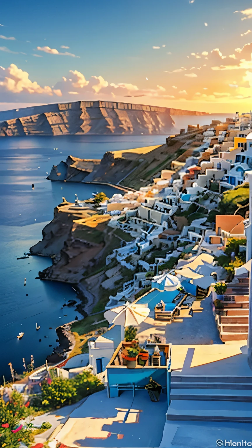 mesa, Best Quality,masterpiece, in Santorini, premium, Fantasy panorama of Greece, Santorini, Greece,  village at the beach, blue and white houses at the beach, marine port