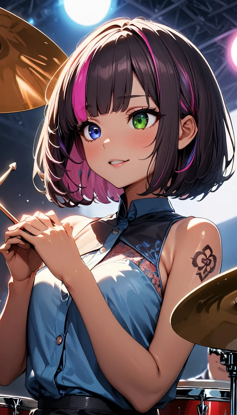 (highest quality:1.2, Very detailed, up to date, Vibrant, Ultra-high resolution, High Contrast, masterpiece:1.2, highest quality, Best aesthetics), girl, (solo), slim, heterrochromia, green eye, red eye, stage、Bright colors、Beautiful fine details、Beautiful lip detail、extra short hair, ((bob cut:1.5))、pink and purple ((streaked hair:1.9)), (highlights hair: 1.6), (medium breast:0.7), (tan skin:1), Concert Light、Edgy Style、colorful Cheongsam, (no sleeve:1.3)、Dynamic Movement, (girl playing a drums, Holding drumsticks in both hands and raise both hands high, sitting in drum set:1.6), (The drum set includes Bass Drum, Floor tom, Snare drum, Rack tom, Hi-hat, Crash cymbal, Ride cymbal:1.3), Stadium、きらめくstage、Concert atmosphere、Music Festival、Full of emotion、Resolute expression、 Expressive gestures、Rock star aura、An exciting atmosphere, (Floral Fineline tattoo design on right arm:1), (low angle:1), facing forward, ((upper body:2))