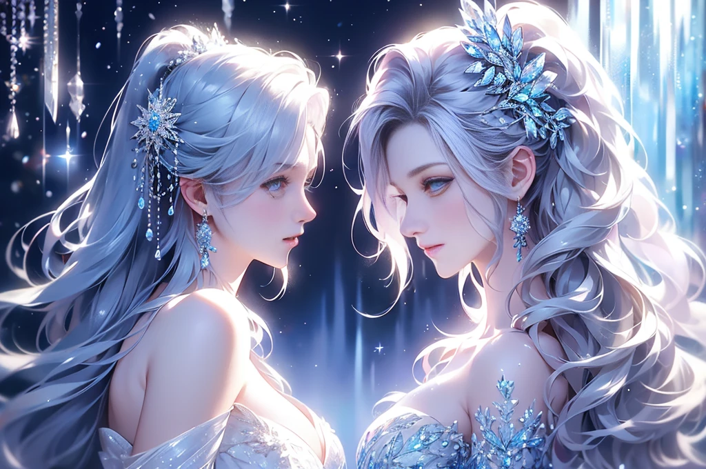 wood, Exquisite mini ice spikes and crystals, Frozen waterfall in the background, Light reflected by ice crystals, Flowing snowflakes.1 girl, Beautiful woman、pretty girl,A realistic person,Beautiful cleavage