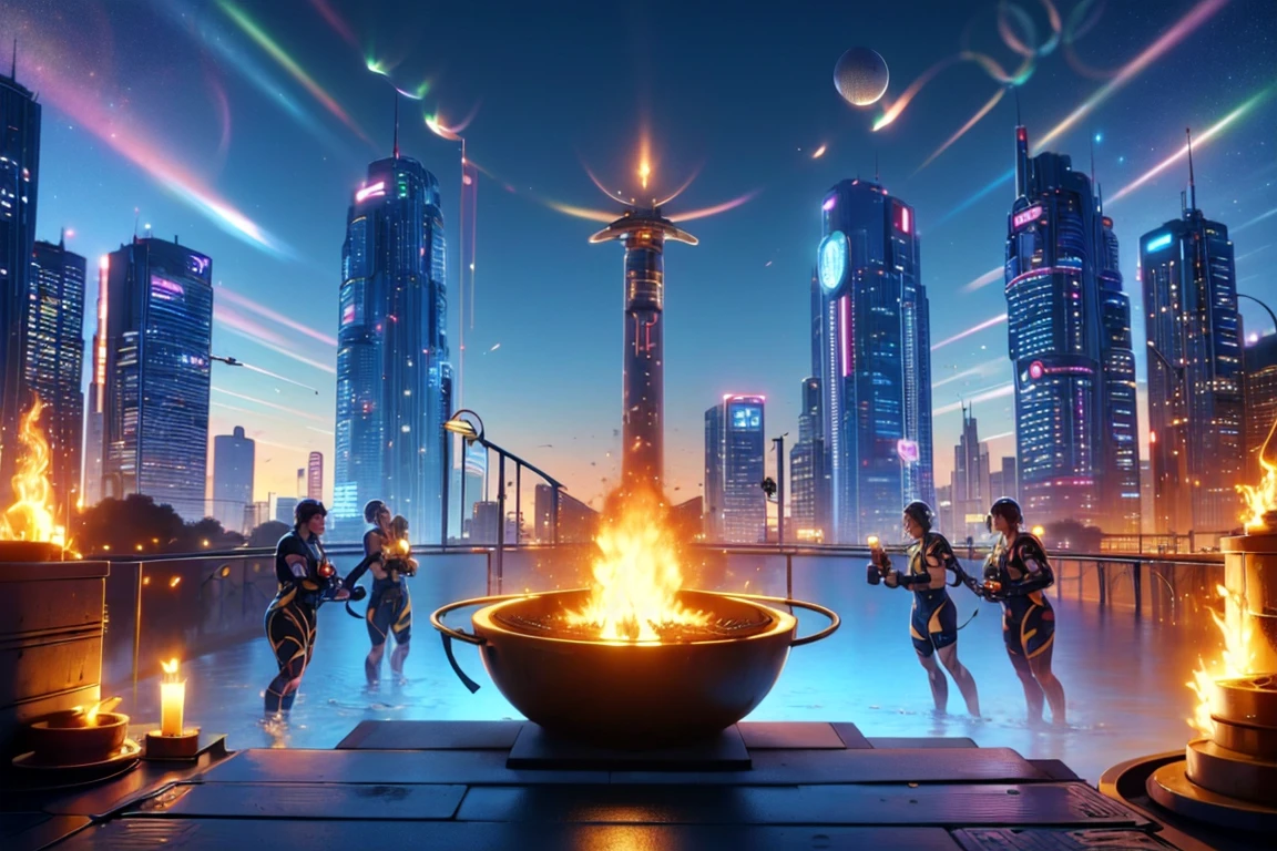 top quality, future world, State-of-the-art robot, Beautiful Woman, many different sports together, cycling, boxing, badminton, volleyball, basketball, fencing , flying hair, Transformed into a cyborg except for the face, sexy images, whole body photo, (((Olympic flame on big brazier in the sky, one torch in hand, gold medal on neck)))