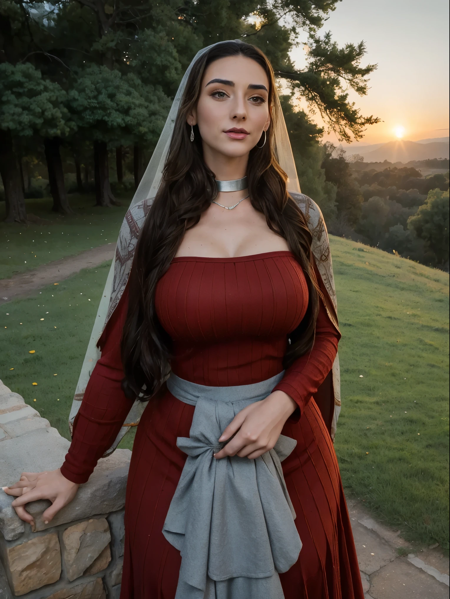 Gorgeous and sultry busty athletic (thin) brunette queen with sharp facial features wearing a modest updo, dark red medieval dress, long sleeves, intricate patterns, wide neck, crown, veil, long dress, modest dress, tight bodice, silver belt, (waist chain), medieval jewelry, Middle Ages, castle, rampart, wall, exterior, on top of a castle wall, trees, countryside, evening, sunset.