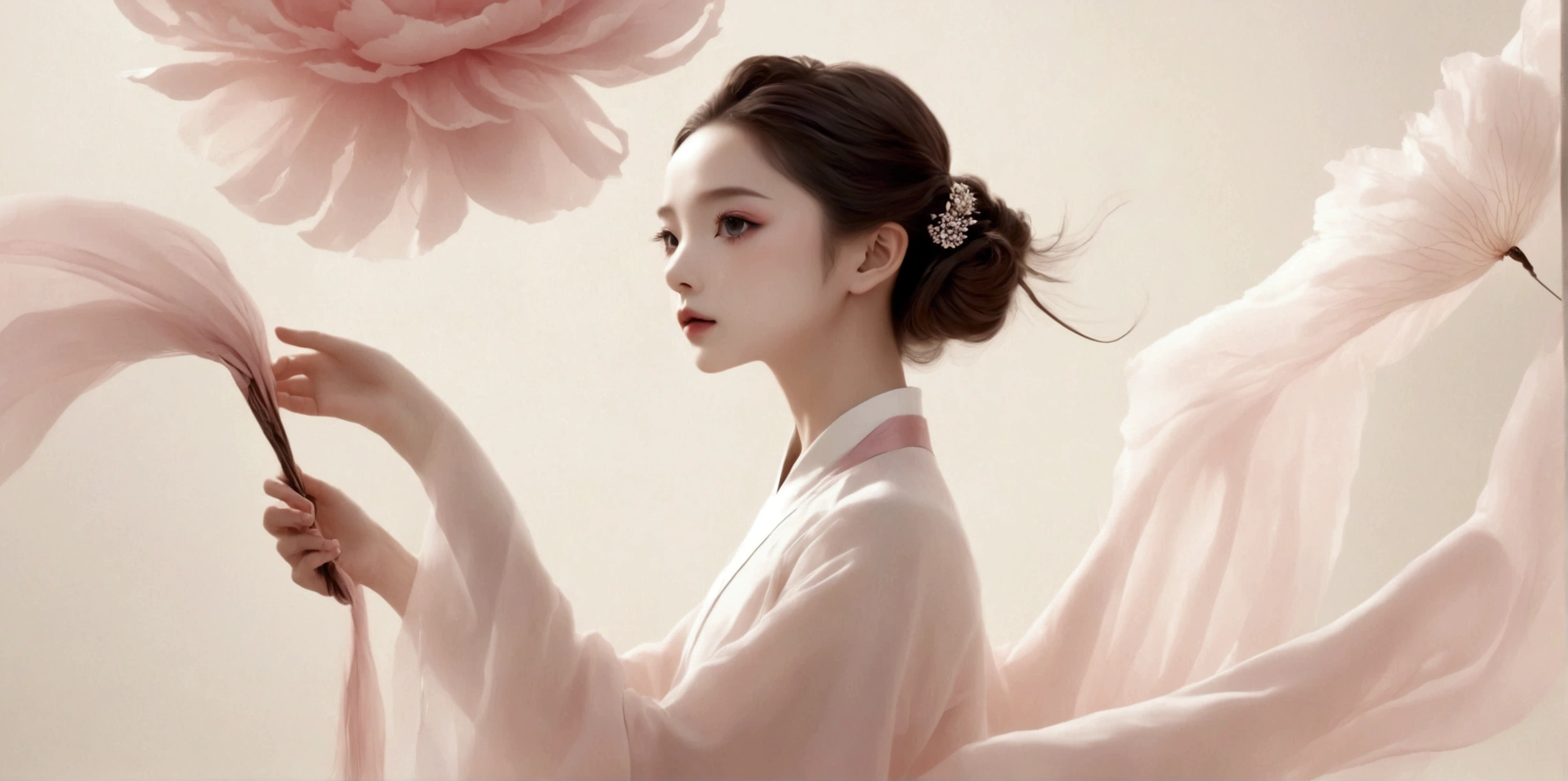 Exquisite dance photography；A little girl，Solitary；A dancing little girl，whole body像；[Black Eyeball，confidence，High and cold，happy]；[Long skirt elegant style，Long sleeve；Set，Light pink and white gradient，Traditional style，The skirt has no pattern，The hem of the long skirt is like petals covering the background,Petal pattern，The background is petals and skirt,]；[Chinese dance]，[[[whole body，Panorama 1.1]]]，Frontal portrait of the character；Composition：The character is on the right side of the frame；Long hair in the wind,advanced sense,Fashion, Still photography, Loop video, Fascinating movement, captivating visuals, Seamless integration, Compelling storytelling, Vortex phenomenon, Angled form, Dynamic Movement, Bold Geometric Shapes, Fragment shape, sharp contrast, Influence of modernism, nature, , modern Art, Astonishing, Unreal Background, Art from (Alessio Albi:1.1), Soft lighting, happy emotion，Extremely detailed；Art Photography；Blank solid color background；