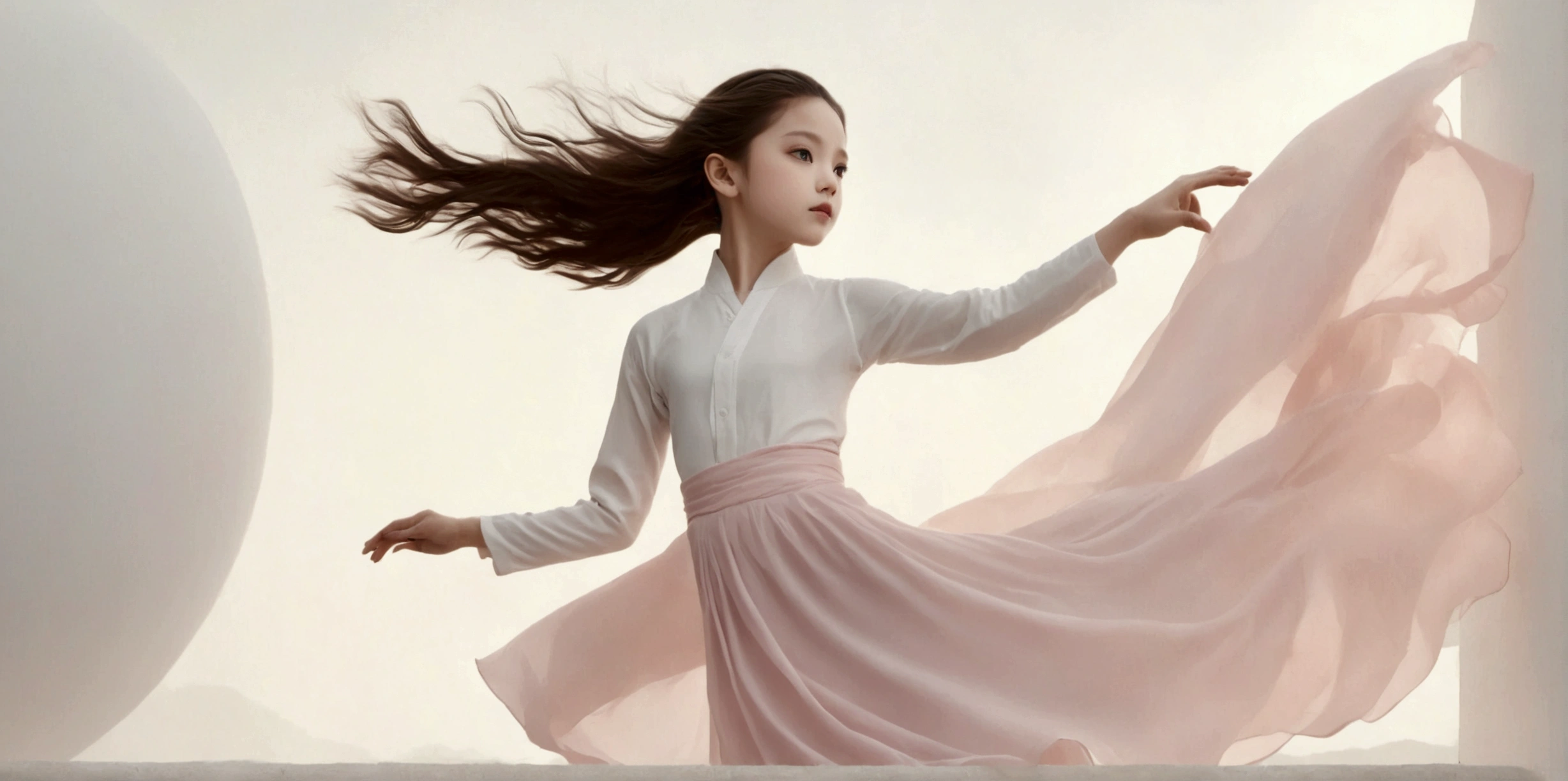 Exquisite dance photography；A ，Solitary；A dancing little girl像；[Black Eyeball，confidence，High and cold，happy]；[Long skirt elegant style，Long sleeve；Set，Light pink and white gradient，Traditional style，The skirt has no pattern，The hem of the long skirt is like petals covering the background,Petal pattern，The background is petals and skirt,]；[Chinese dance]，[[[whole body，Panorama 1.1]]]，Frontal portrait of the character；Composition：The character is on the right side of the frame；Long hair in the wind,advanced sense,Fashion, Still photography, Loop video, Fascinating movement, captivating visuals, Seamless integration, Compelling storytelling, Vortex phenomenon, Angled form, Dynamic Movement, Bold Geometric Shapes, Fragment shape, sharp contrast, Influence of modernism, nature, , modern Art, Astonishing, Unreal Background, Art from (Alessio Albi:1.1), Soft lighting, happy emotion，Extremely detailed；Art Photography；Blank solid color background；
