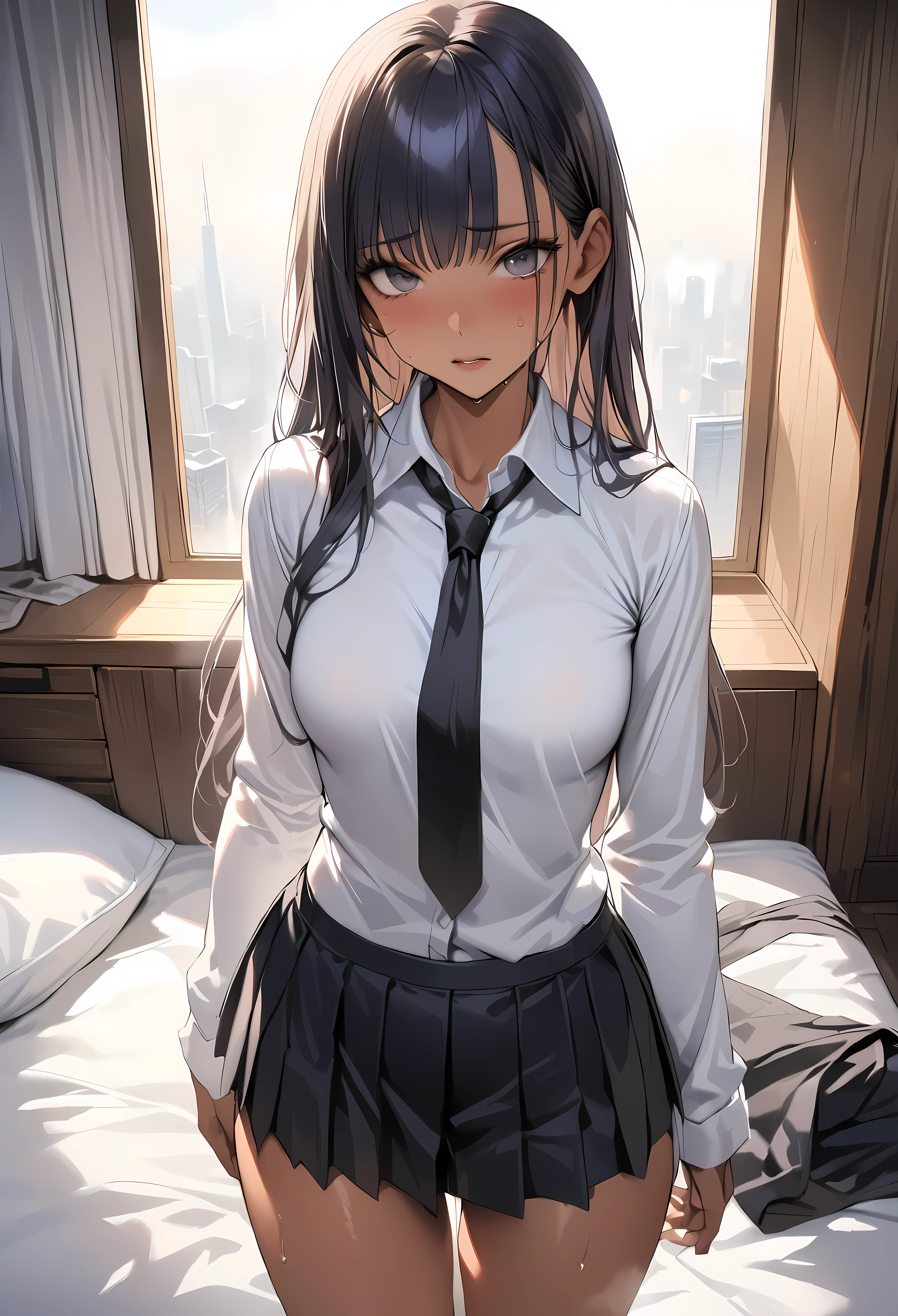 ((masterpiece,Highest quality:1.3,best quality illustration)),realistic,1woman,(20 year old beauty),((very small head:1.3)),ideal ratio body proportions,dark blue hair,straight long hair,bangs,black eyes,gorgeous big eyes,shy,((tan skin,skinny)),(Black vest、Black tie、White collared shirt、Long sleeve、Black pleated mini skirt)),medium breasts,gleaming skin,slender body,sweat,Simple bedroom,Shinjuku、Tokyo、nsfw,