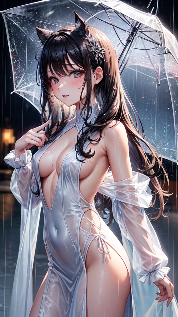 Hentai 30th lady wearing transparent dantelle dress standing in the rain, her body is wet as a zoom in portrait shot