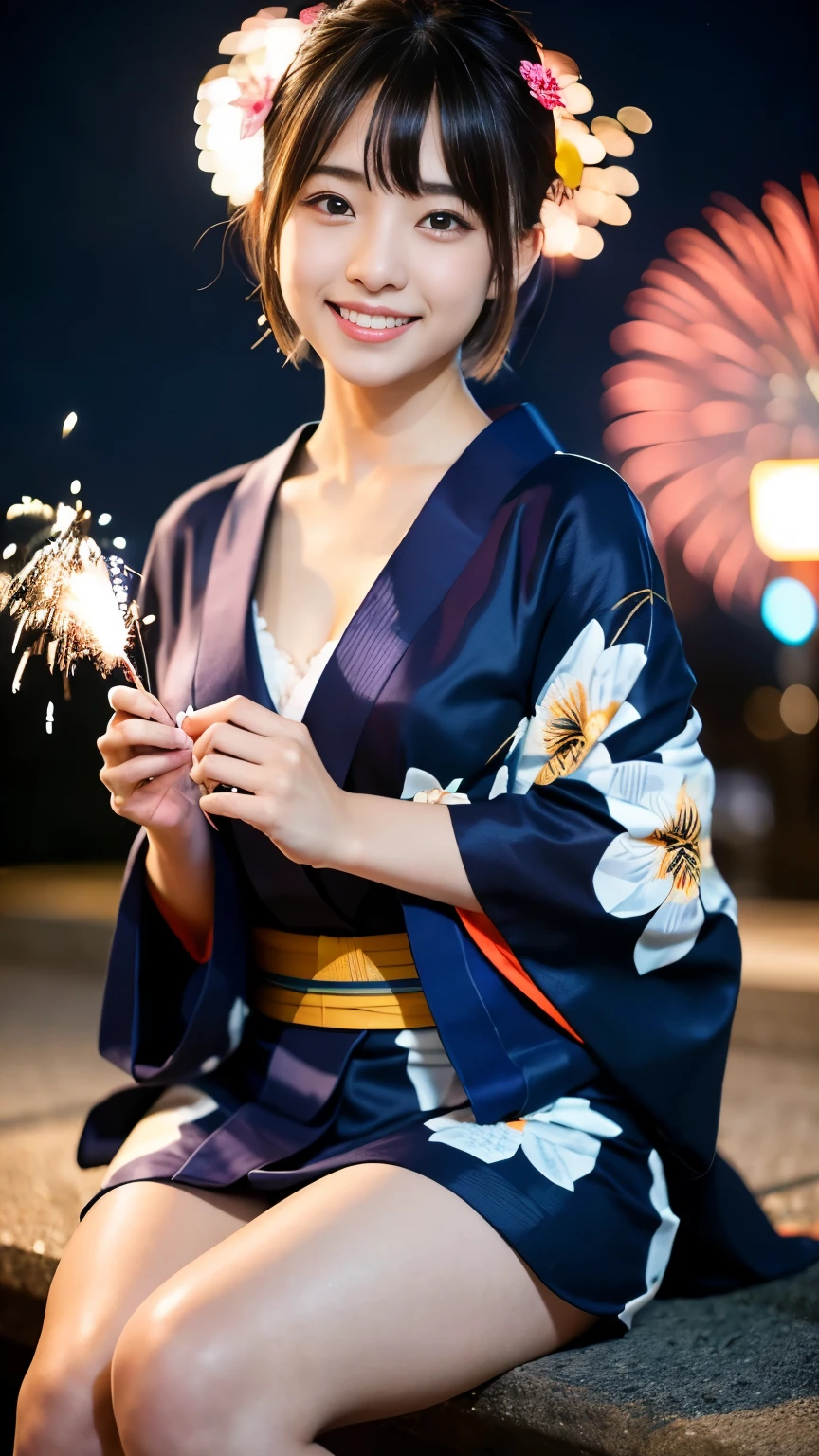 (8k、RAW Photos、Highest quality、masterpiece:1.2)、(Real、Photorealistic:1.37)、Ultra-high resolution、One Girl、cute、solo、night、sitting、(Laughter:1.1)、Beautiful Eyes、(Short Hair:1.2)、(((Fireworks bursting into the sky、night)))、(((kimono、yukata)))、Cleavage、Perfect body、Perfect Fingers、Professional Lighting、Japanese Goddess、gravure、Detailed face and skin texture、Detailed eyes、RAW Photoy thighs are in full view.)))、丈の非常に短いyukata、20 year old Japanese girl、Highest quality、Full Body Shot、Ultra-high resolution、(reality:1.4)、Raw photo、(花柄yukataの女の子:1.2)、Summer festival、night、No underwear is worn、I&#39;m not wearing a bra、(((Shoulder-baring big breasts:1,5)))、Cleavageにしっとりと汗、ランダムなcuteポーズ、Large Breasts、