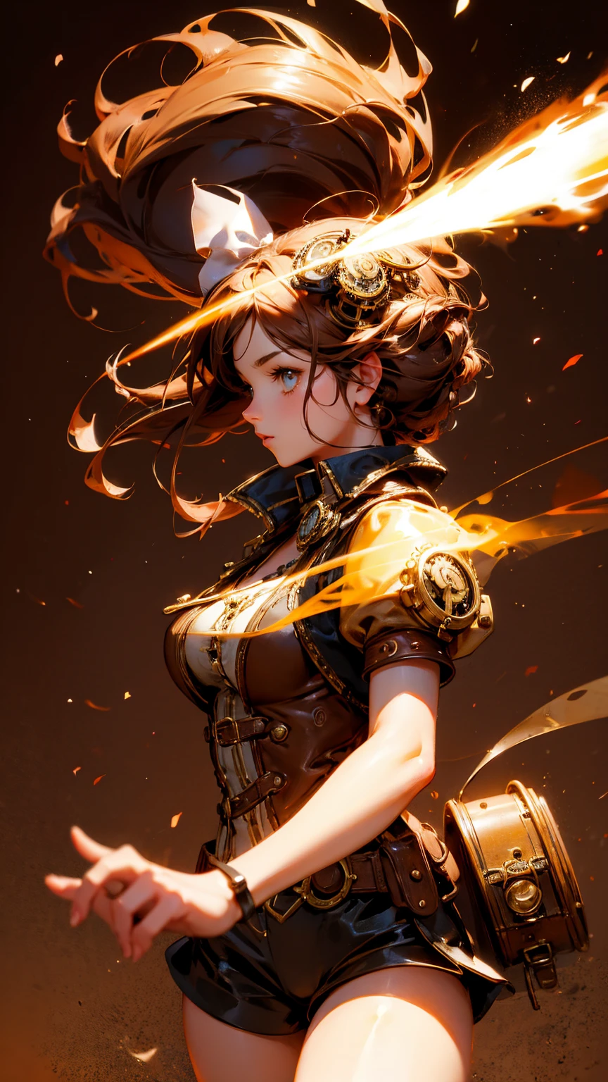 A cute steampunk girl running, strong lighting contrasts, playful pose, brown background