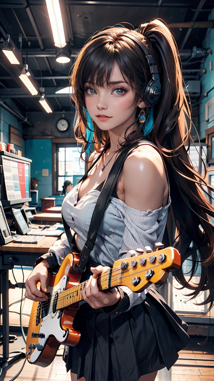 ((masterpiece, Highest quality))One girl, alone, Black Dress, blue eyes, electric guitar, guitar, Headphones, Double Ponytail, Holding, Holding plectrum, musical instrument, Long Hair, music, One side up, Turquoise Hair, Twin tails, guitarを弾く, Pleated skirt, Black Shirt, interior