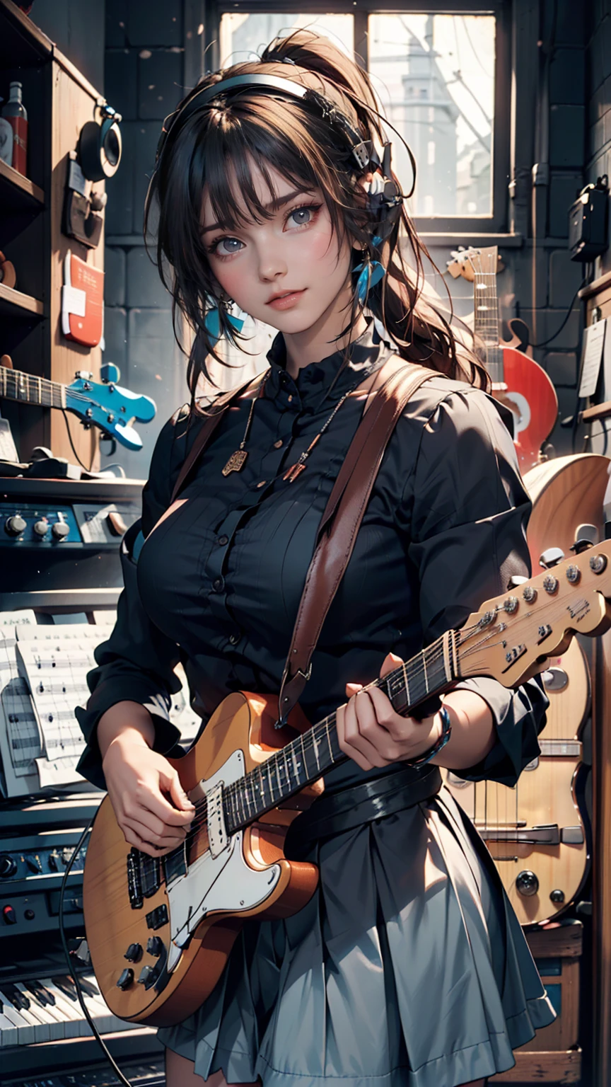 ((masterpiece, Highest quality))One girl, alone, Black Dress, blue eyes, electric guitar, guitar, Headphones, Double Ponytail, Holding, Holding plectrum, musical instrument, Long Hair, music, One side up, Turquoise Hair, Twin tails, guitarを弾く, Pleated skirt, Black Shirt, interior
