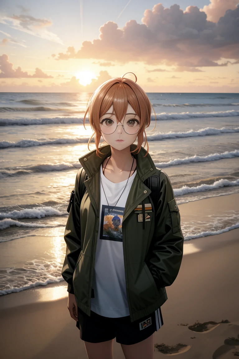 Fio germs, metal slug, Sunset at the beach, wearing round glasses, chestnut hair, 比基尼, boné de baseball, hypdertailed, glad, 、 jaket, 、, portraite, btpt-fc, 比基尼