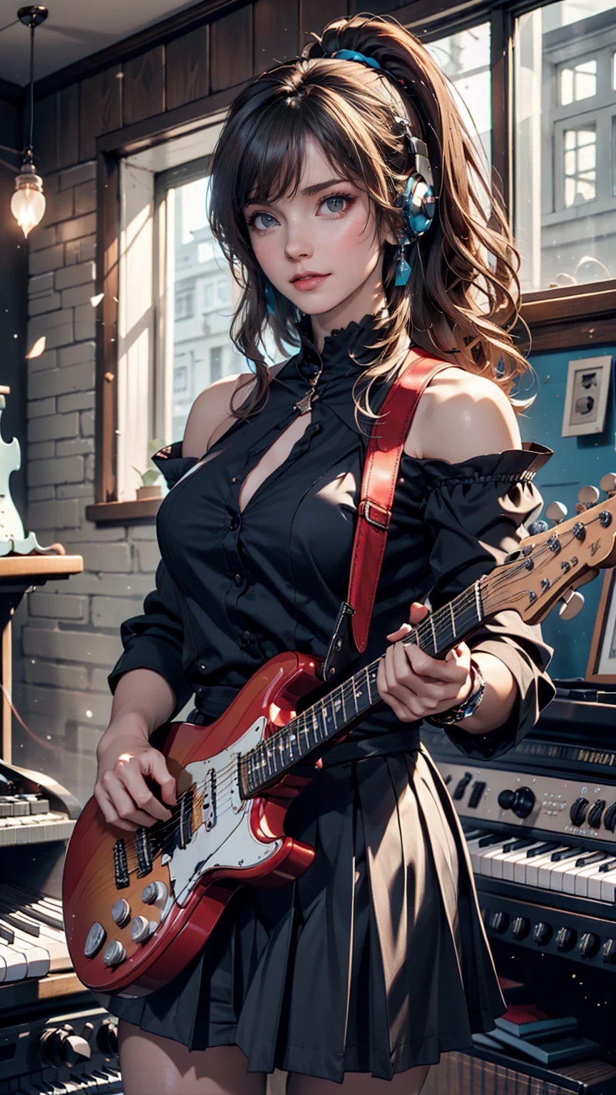 ((masterpiece, Highest quality))One girl, alone, Black Dress, blue eyes, electric guitar, guitar, Headphones, Double Ponytail, Holding, Holding plectrum, musical instrument, Long Hair, music, One side up, Turquoise Hair, Twin tails, guitarを弾く, Pleated skirt, Black Shirt, interior