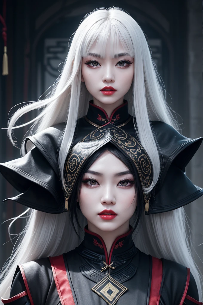 can generate Mortal Kombat-style images of an Asian woman, She has long platinum hair and wavy bangs., she must have pale skin, big onyx eyes, red lips and delicate, thin facial features, age 25, She must be in a costume with traditional Chinese clothes with modern and futuristic elements with dark colors, alive and vibrant.