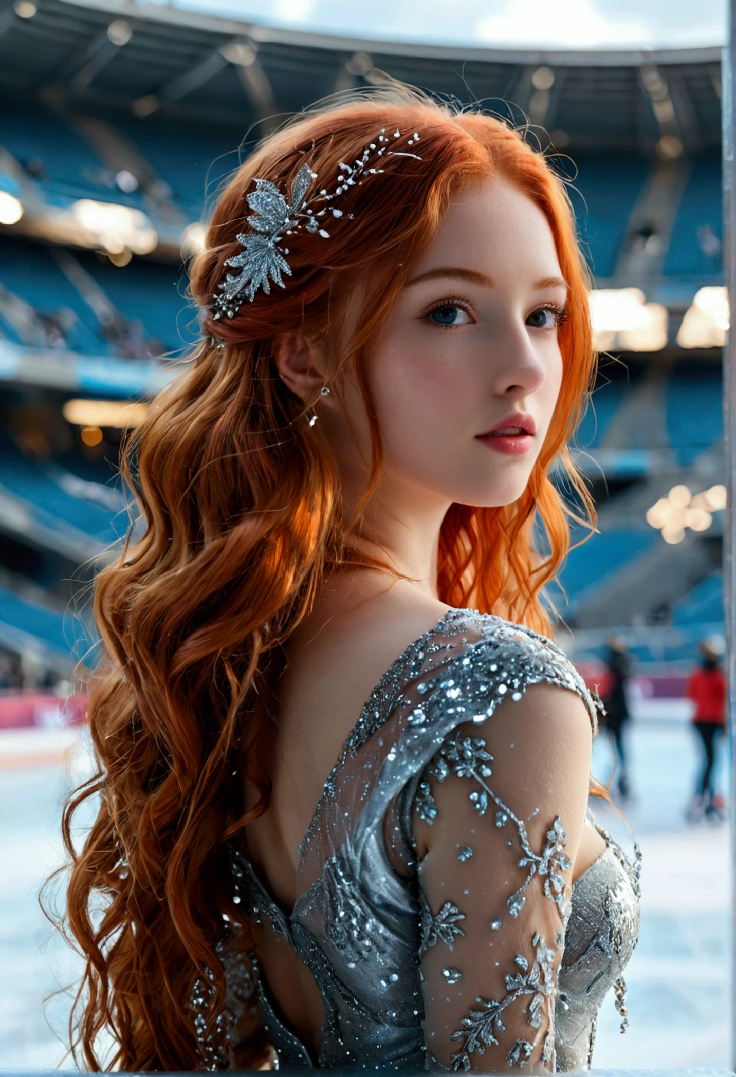 ultra realistic, photography, long red hair, girl, 24 years old, hourglass figure, perfect body, Flirty look, natural breasts, blur background, in the olympic stadium, doing some ice skating