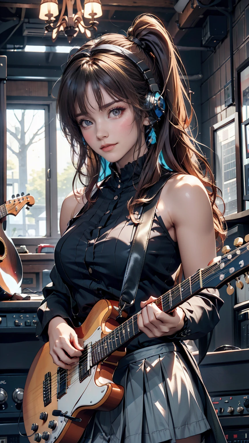 ((masterpiece, Highest quality))One girl, alone, Black Dress, blue eyes, electric guitar, guitar, Headphones, Double Ponytail, Holding, Holding plectrum, musical instrument, Long Hair, music, One side up, Turquoise Hair, Twin tails, guitarを弾く, Pleated skirt, Black Shirt, interior