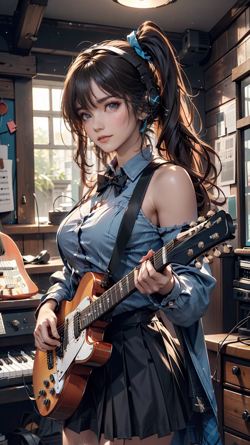 ((masterpiece, Highest quality))One girl, alone, Black Dress, blue eyes, electric guitar, guitar, Headphones, Double Ponytail, Holding, Holding plectrum, musical instrument, Long Hair, music, One side up, Turquoise Hair, Twin tails, guitarを弾く, Pleated skirt, Black Shirt, interior