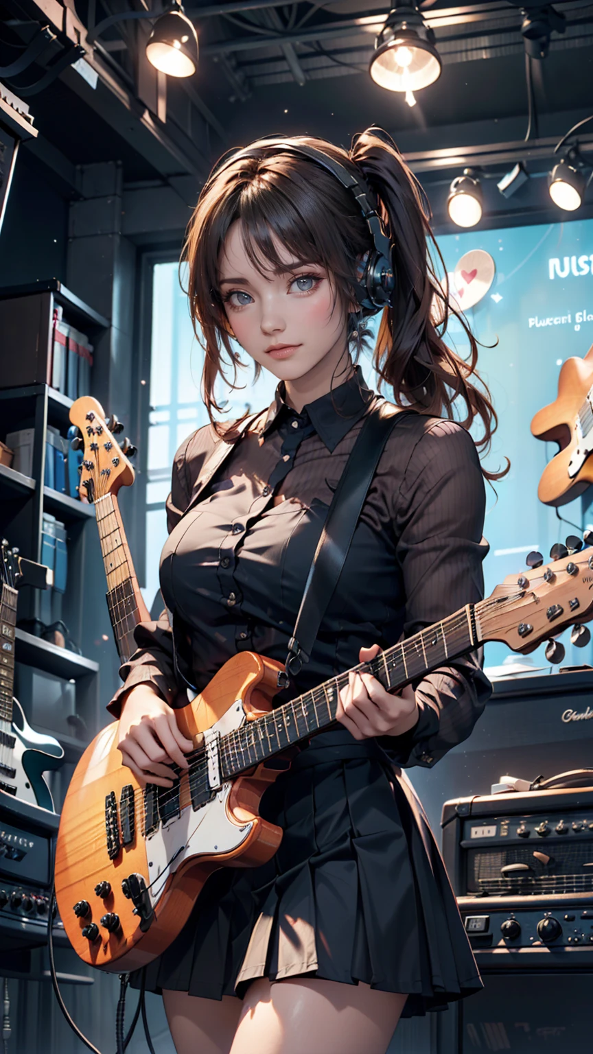 ((masterpiece, Highest quality))One girl, alone, Black Dress, blue eyes, electric guitar, guitar, Headphones, Double Ponytail, Holding, Holding plectrum, musical instrument, Long Hair, music, One side up, Turquoise Hair, Twin tails, guitarを弾く, Pleated skirt, Black Shirt, interior
