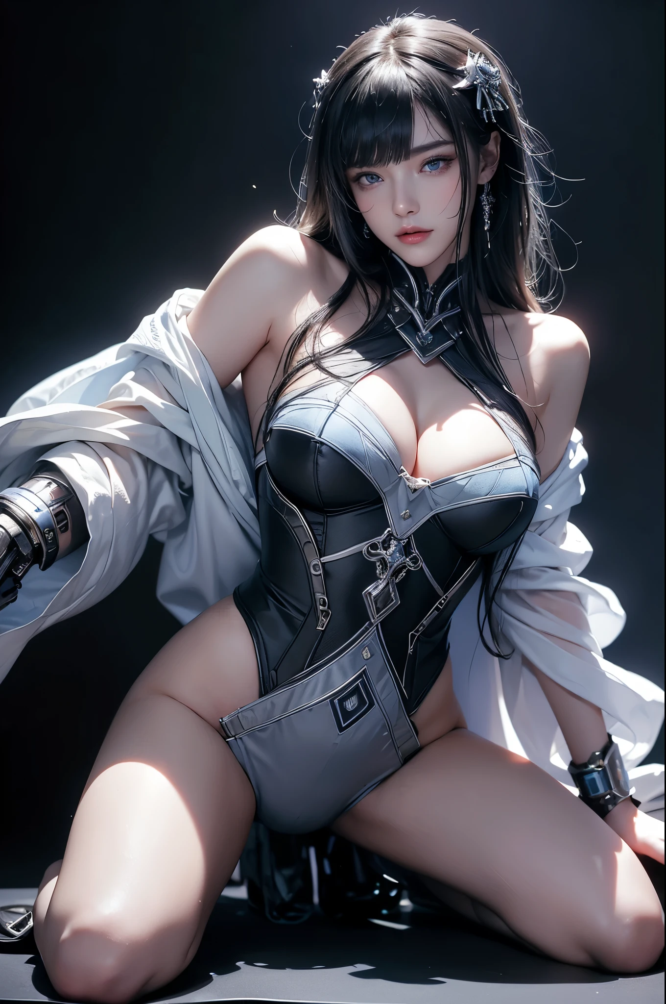 masterpiece, Highest quality, Very detailed, To the camera, 複雑に詳細なVery detailed, Realistic, Sharp features, Very detailed, Sharp focus, Perfect Face, Perfect Face, Perfect symmetry and perfect eyes, Perfect Plump Lips, Flexible female form, Cinematic, Film Light, Very detailed, hyper Realistic, masterpiece, Atmospheric, High resolution, Vibrant, Dynamic Studio Lighting, ((Dark Background)), The expression when enduring pleasure, Straight bangs, blue eyes,Kneeling with hands on crotch、Butt、Sexually aroused expressions、No clothes、NSFW,((top quality、8k、masterpiece:1.3))Wears a silver-white mech,girl with delicate face,Highest image quality,Ultra-clear,Delicate and clear facial features,end of the world,Mechanical arm,Exquisitely detailed mechanical pattern,Cyberpunk characters、numbercity、number、century、throne