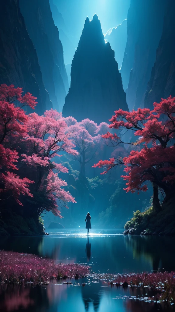 Photographs that capture the essence of a magical dream world. An epic abyss,Hanging over a beautiful lake, Surreal and vivid colors illuminate its reflection. The atmosphere is otherworldly, The soft night light casts a flowing shadow. The image creates a sense of depth and mystery, It's as if the audience is taken into another dimension., Create beautiful and memorable work. Shot with Canon EosIII Zeiss 120mm wide angle lens,Thunder and lightning