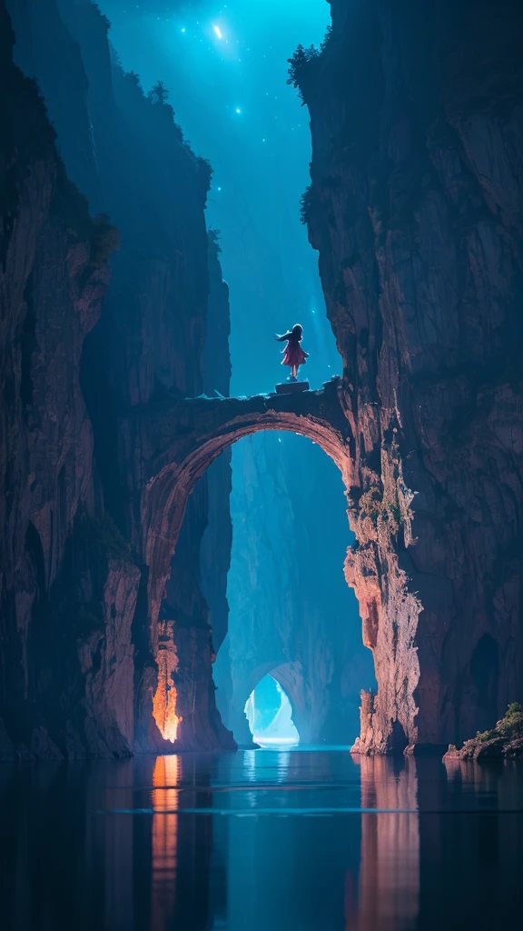 Photographs that capture the essence of a magical dream world. An epic abyss，Hanging over a beautiful lake, Surreal and vivid colors illuminate its reflection. The atmosphere is otherworldly, The soft night light casts a flowing shadow. The image creates a sense of depth and mystery, It&#39;s as if the audience is taken into another dimension., Create beautiful and memorable work. Shot with Canon EosIII Zeiss 120mm wide angle lens，Thunder and lightning