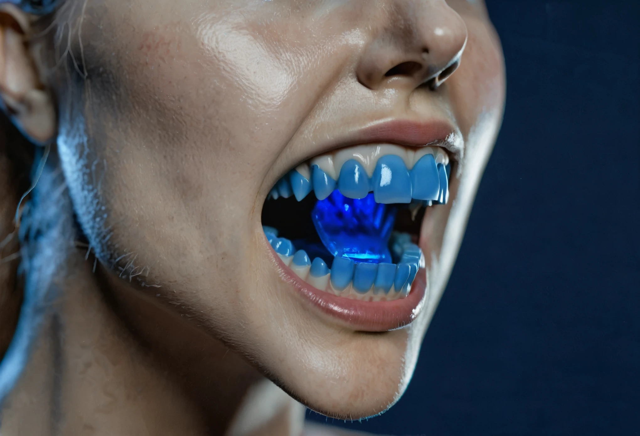 (hyperrealistic photo:1.5) realistic photo, a transparent teeth made of blue plastic, (transparent blue teeth:1.5), ((blue gums exposed:1.5), ((gums made of transparent blue plastic:1.5)), (exposed gums), edgy photo, ((blue light comes from inside of the mouth:1.5)), (blue light), imperfect teeth, vampire style teeth, happy expresion, cinematic blue background
