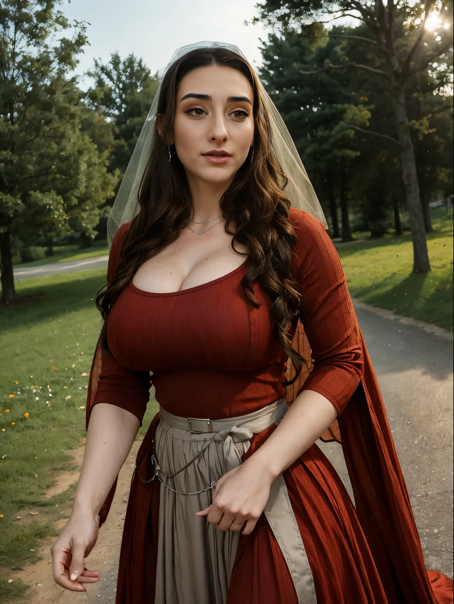 Gorgeous and sultry busty athletic (thin) brunette queen with sharp facial features wearing a modest updo, dark red medieval dress, long sleeves, intricate patterns, wide neck, crown, veil, long dress, modest dress, tight bodice, silver belt, (waist chain), medieval jewelry, Middle Ages, castle, rampart, wall, exterior, on top of a castle wall, trees, countryside, evening, sunset.