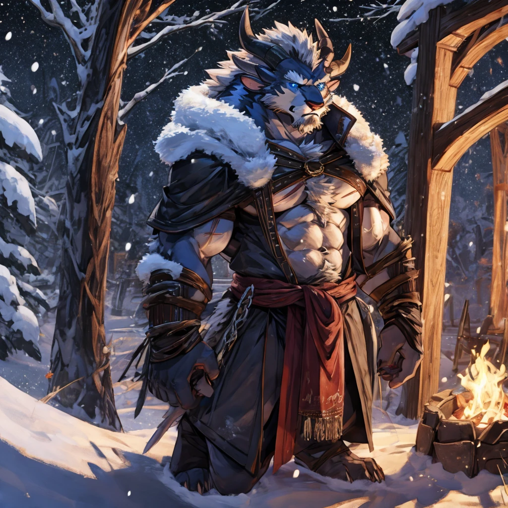 sweaty muscular torso naked snowing swan feathers heavy snow winter village furry anthropomorphic chest hair serious face(Scars on the face) Mature (blue eyes)Huge muscle ripped abs wild,Tribal strong muscular charr