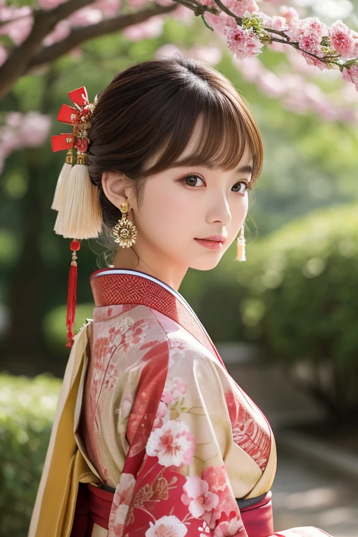 1girl, solo, looking_at_viewer, brown_hair, hair_ornament, photoshop_(medium), original, brown_eyes, jewelry, upper_body, earrings, japanese_clothes, day, kimono, blurry, lips, tree, chinese_clothes, blurry_background, realistic, korean_clothes, photo-referenced