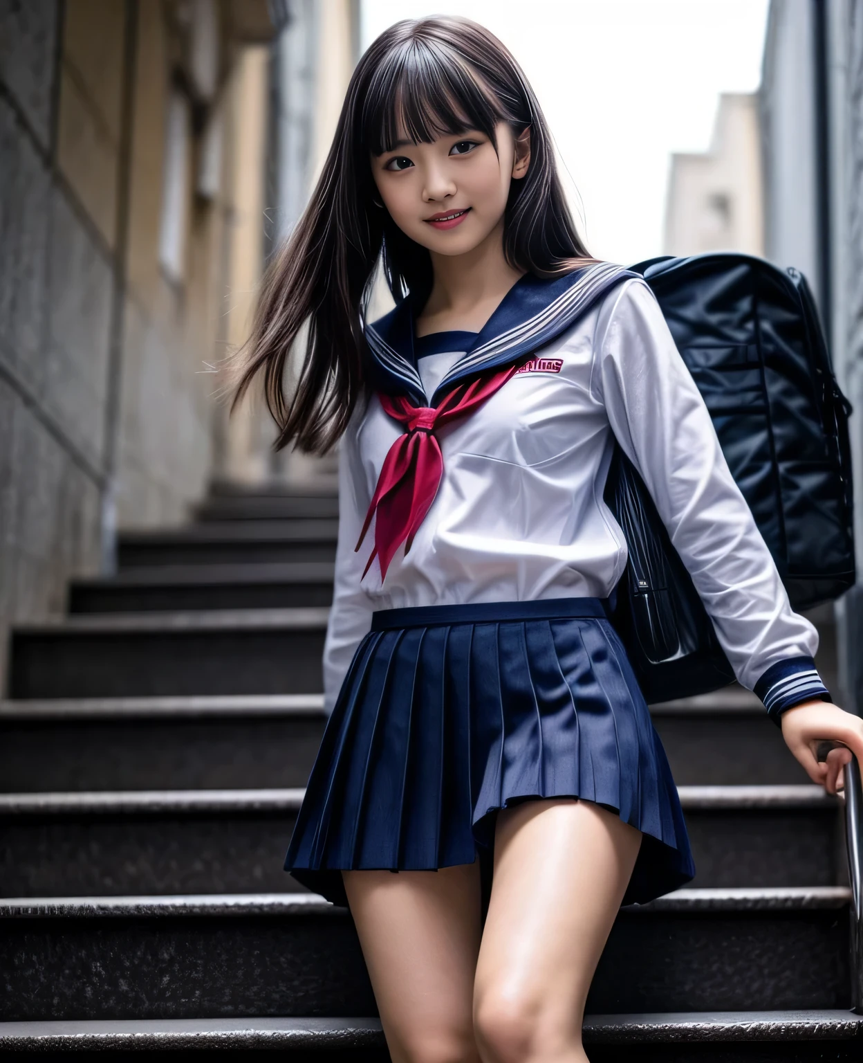 1girl, 18yo school girl, sailor uniform, climbing stairs, looking at viewer, smiling, view from below, (masterpiece, 8k, best quality:1.2), photorealistic, hyper detailed, cinematic lighting, vibrant colors, natural skin tones, intricate details, flawless rendering, sharp focus