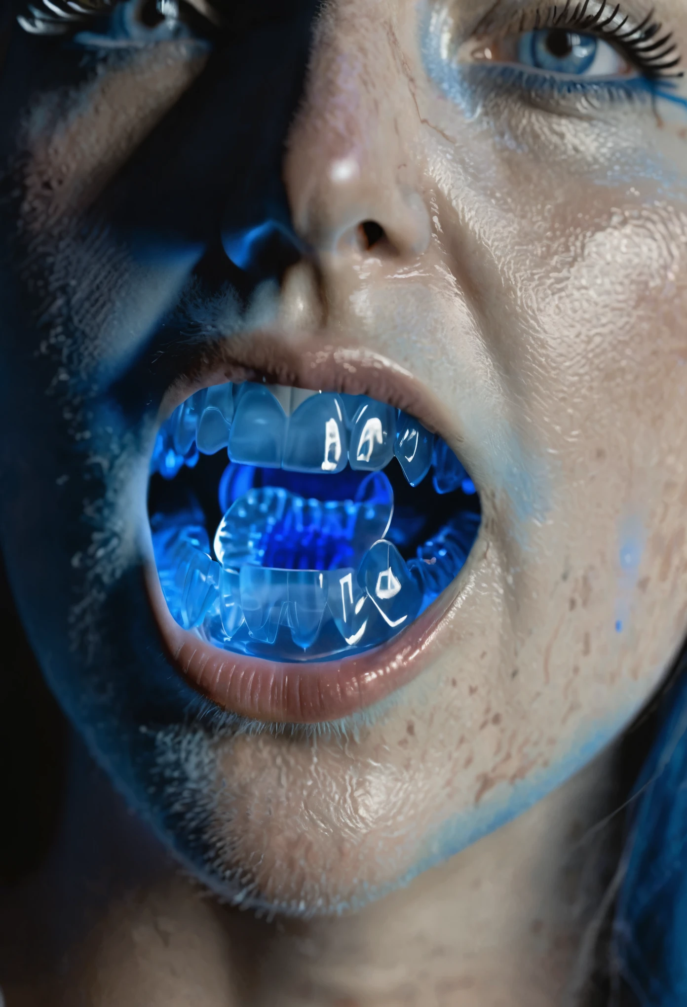 (hyperrealistic photo:1.5) realistic photo, a transparent teeth made of blue plastic, (transparent blue teeth:1.5), ((blue gums exposed:1.5), ((gums made of transparent blue plastic:1.5)), (exposed gums), edgy photo, ((blue light comes from inside of the mouth:1.5)), (blue light), imperfect teeth