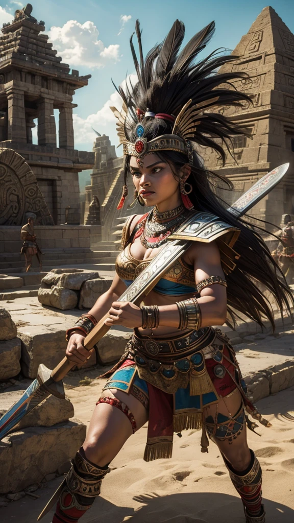 Aztec warrior goddess in battle pose wielding her macuahuitl defending an Aztec pyramid