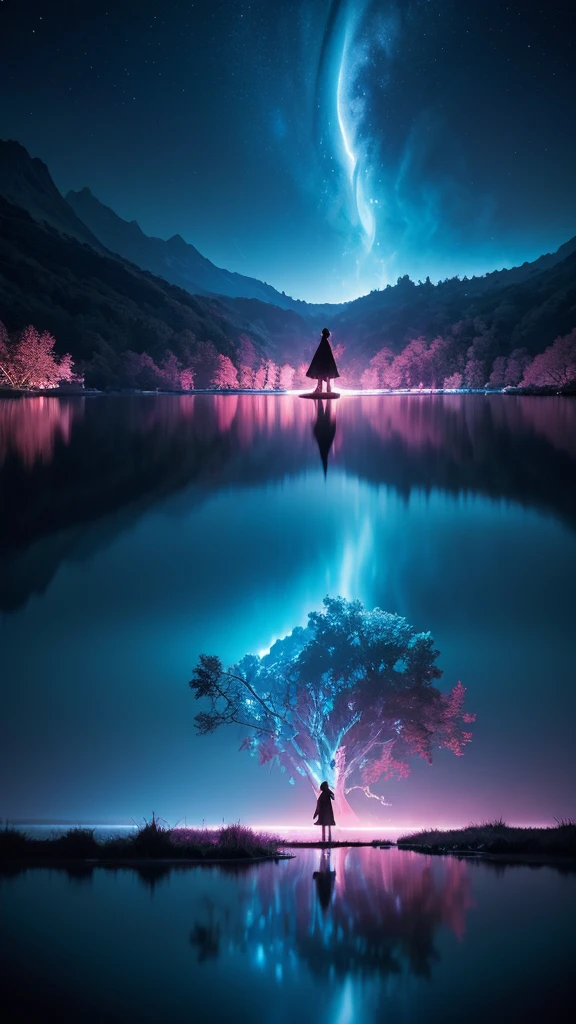 Photographs that capture the essence of a magical dream world. An epic abyss，Hanging over a beautiful lake, Surreal and vivid colors illuminate its reflection. The atmosphere is otherworldly, The soft night light casts a flowing shadow. The image creates a sense of depth and mystery, It&#39;s as if the audience is taken into another dimension., Create beautiful and memorable work. Shot with Canon EosIII Zeiss 120mm wide angle lens，Thunder and lightning