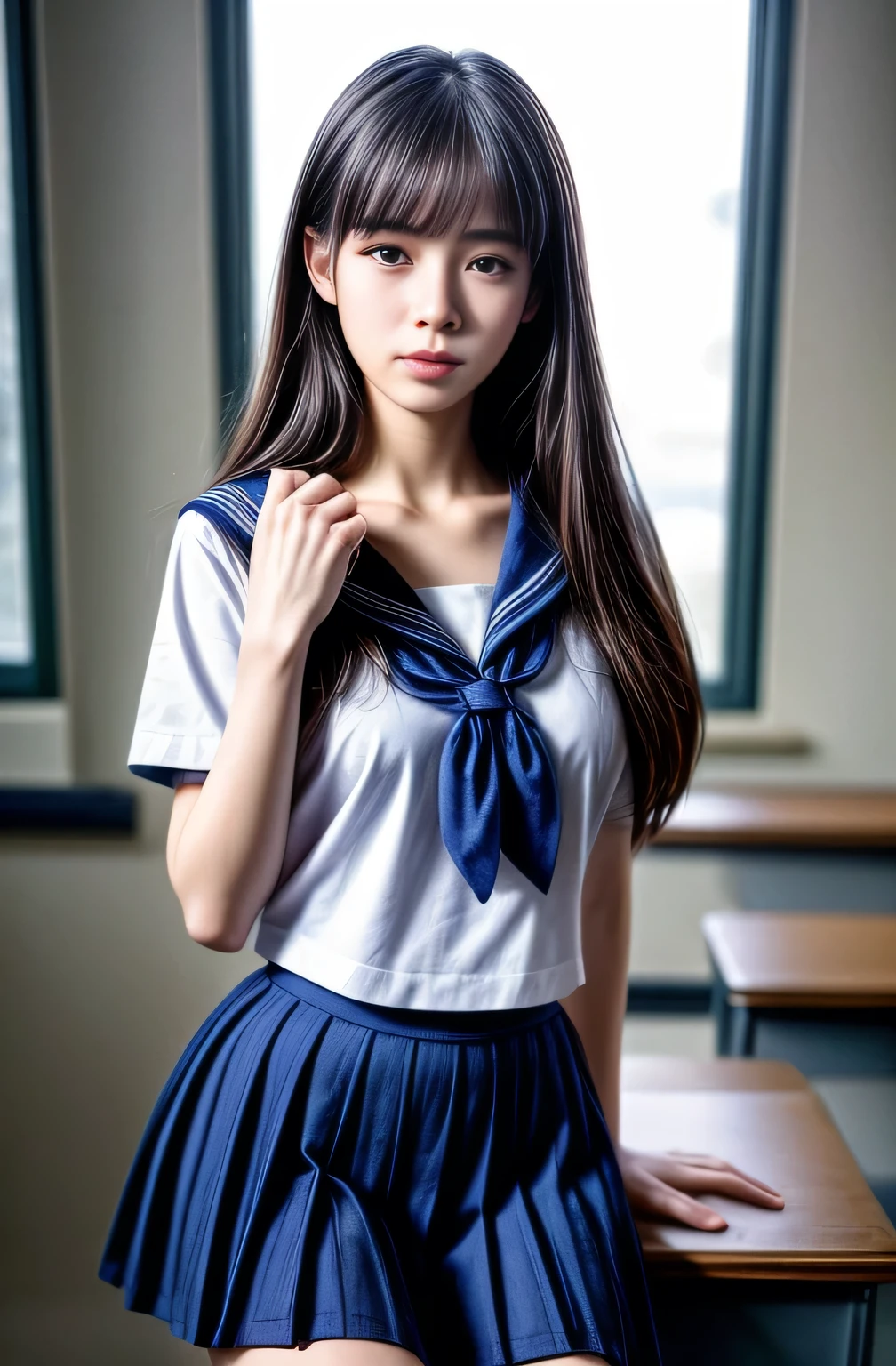 Raw photo , 1 girl  ,Wearing sailor uniform ((teen school girl studying on on in the classroom)) , professional photographer, (hdr:1.4), masterpiece, ultra-realistic 8k, perfect artwork, intrincate details, cute face, award winning photograph, (Best quality, 8k, 32k, Masterpiece, UHD:1.3) ,