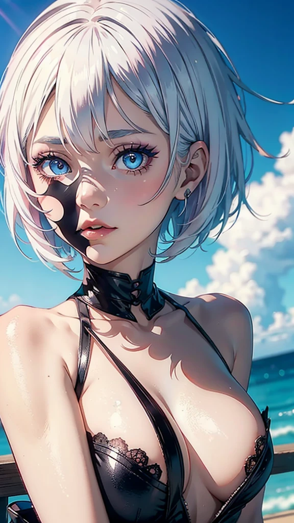 anime girl, white hair, short hair, only her face, pink makeup, blue eyes, sunlit background, black short dress