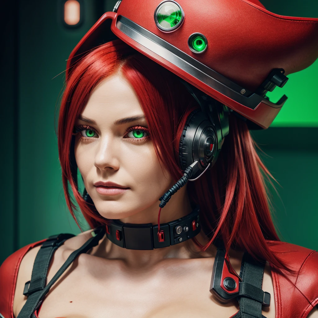 Cyborg red hat with green and red-haired cybernetic eyes  
